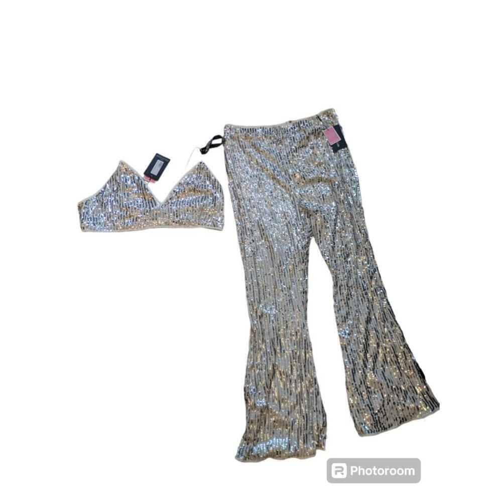 Women's Prettylittlething Silver Sequin Crop Top And Pants Set Size 2x